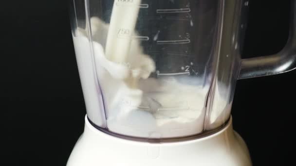 Process Pouring Milk Bowl Blender Making Milkshake — ストック動画
