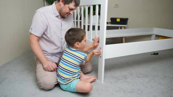 Father Son Together Assemble Childrens Bed Screw Screws Screwdriver — Stock videók