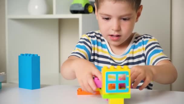 Boy Years Old Plays Constructor Builds Multi Colored Cubes — 비디오