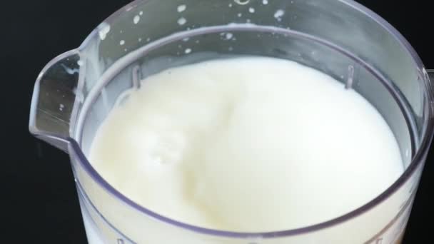 Meruňkové Plátky Spadají Mléka Misce Potravinářského Procesoru Zpomalení Natáčení — Stock video
