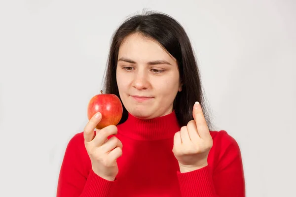 Woman Red Holds Apple Pill Her Hands Vitamins Natural Form — Stock Photo, Image