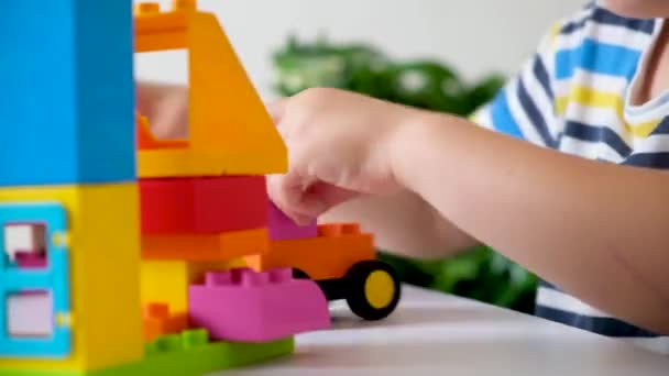 Ein Jähriger Junge Spielt Als Konstrukteur Baut Aus Bunten Würfeln — Stockvideo