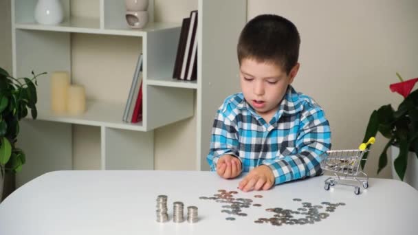 Ένα Πεντάχρονο Αγόρι Μετράει Νομίσματα Καθισμένο Ένα Τραπέζι Οικονομικός Γραμματισμός — Αρχείο Βίντεο
