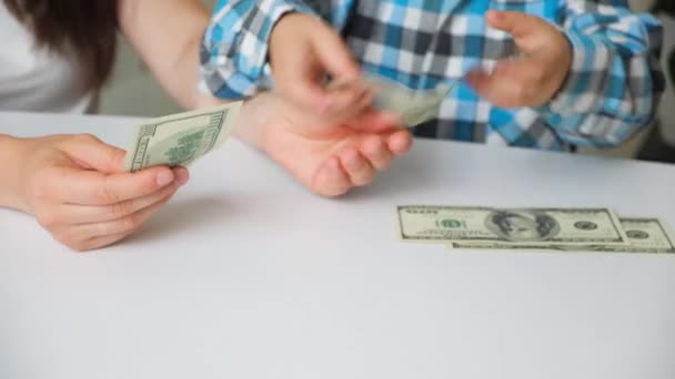 Mother Son Count Dollar Bills Together Financial Literacy Children — Vídeo de stock