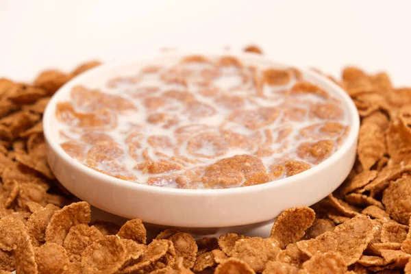 Cereal Flakes Drenched Milk Plate Close Healthy Delicious Dairy Breakfasts — стоковое фото