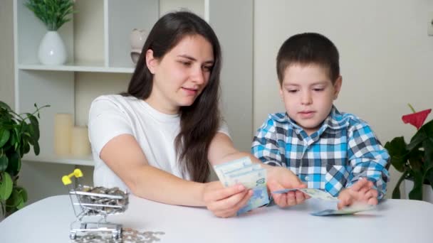 Mom Preschool Son Count Euro Bills Financial Literacy Children — Video