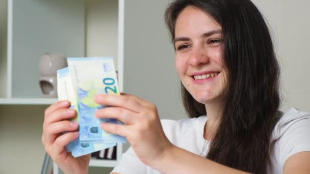 Woman Counts Bills Twenty Euros Smiles — Stok video