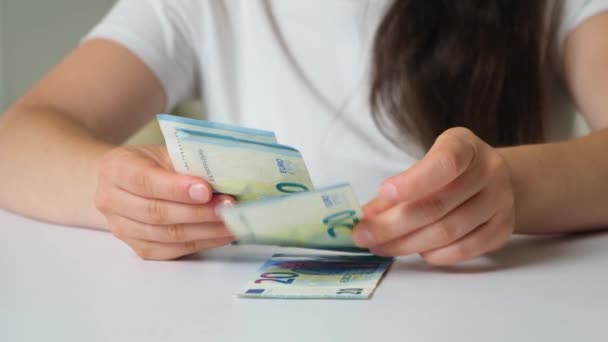 Woman Counts Bills Euros Taps Her Fingers Table — Vídeos de Stock