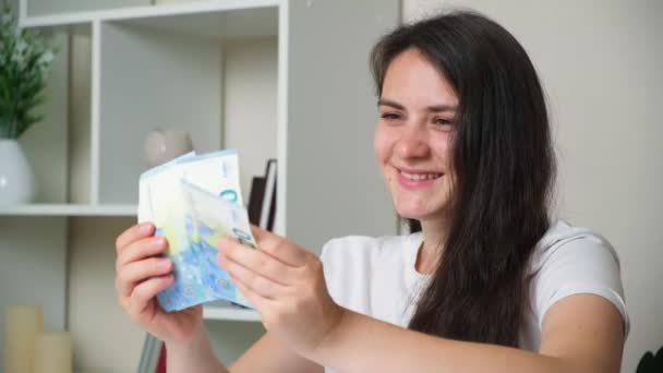 Woman Counts Bills Twenty Euros Smiles — ストック動画