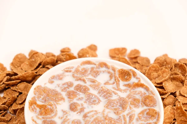 Cereal Flakes Drenched Milk Plate Close Healthy Delicious Dairy Breakfasts — стоковое фото