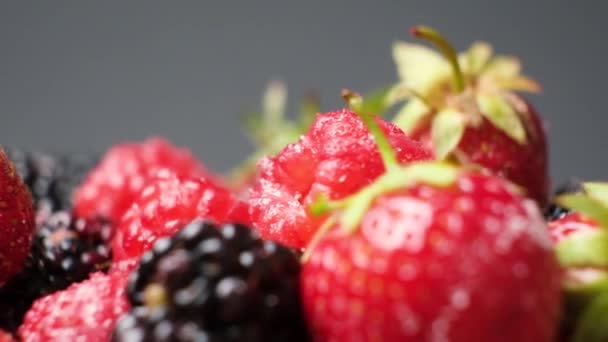 Different Berries Sugar Spin Black Background Blackberries Raspberries Strawberries — 비디오