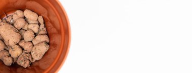 Claydite drainage stones in a pot for houseplants on a white background