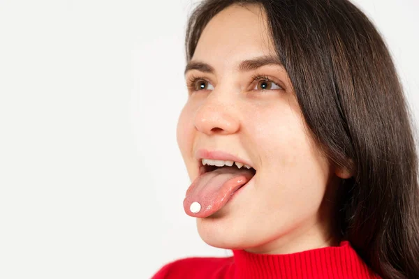Woman Open Mouth Pills Tongue White Background Space Text — ストック写真