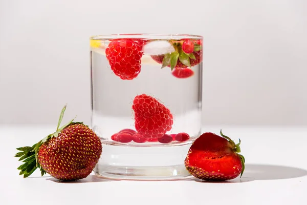Summer Cocktail Strawberries Raspberries Ice White Background Side View — Photo