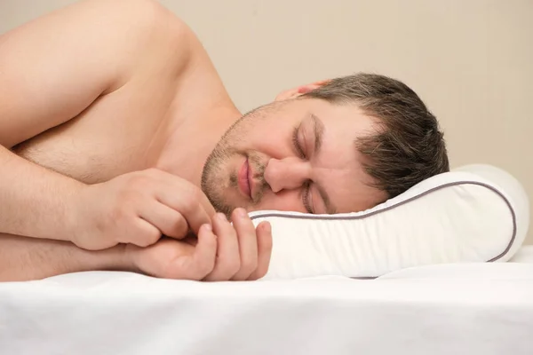 Man Sleeps Orthopedic Pillow His Side Correct Memory Foam Pillow — Stock Photo, Image