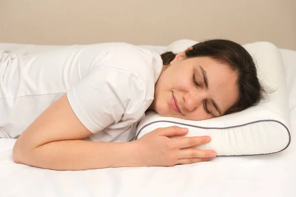 Woman Sleeps Her Stomach Orthopedic Pillow Made Memory Foam — Stock Photo, Image