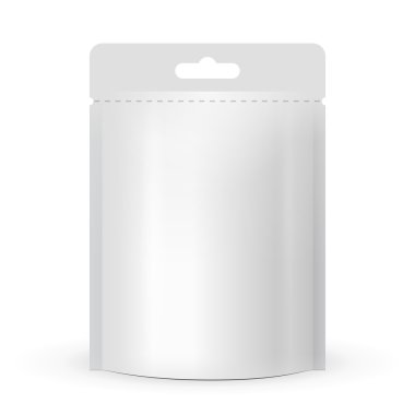 beyaz boş folyo yiyecek veya içecek çanta ile asmak yuvası blister ambalaj. Plastik paket şablon tasarımı için hazır. vektör eps10