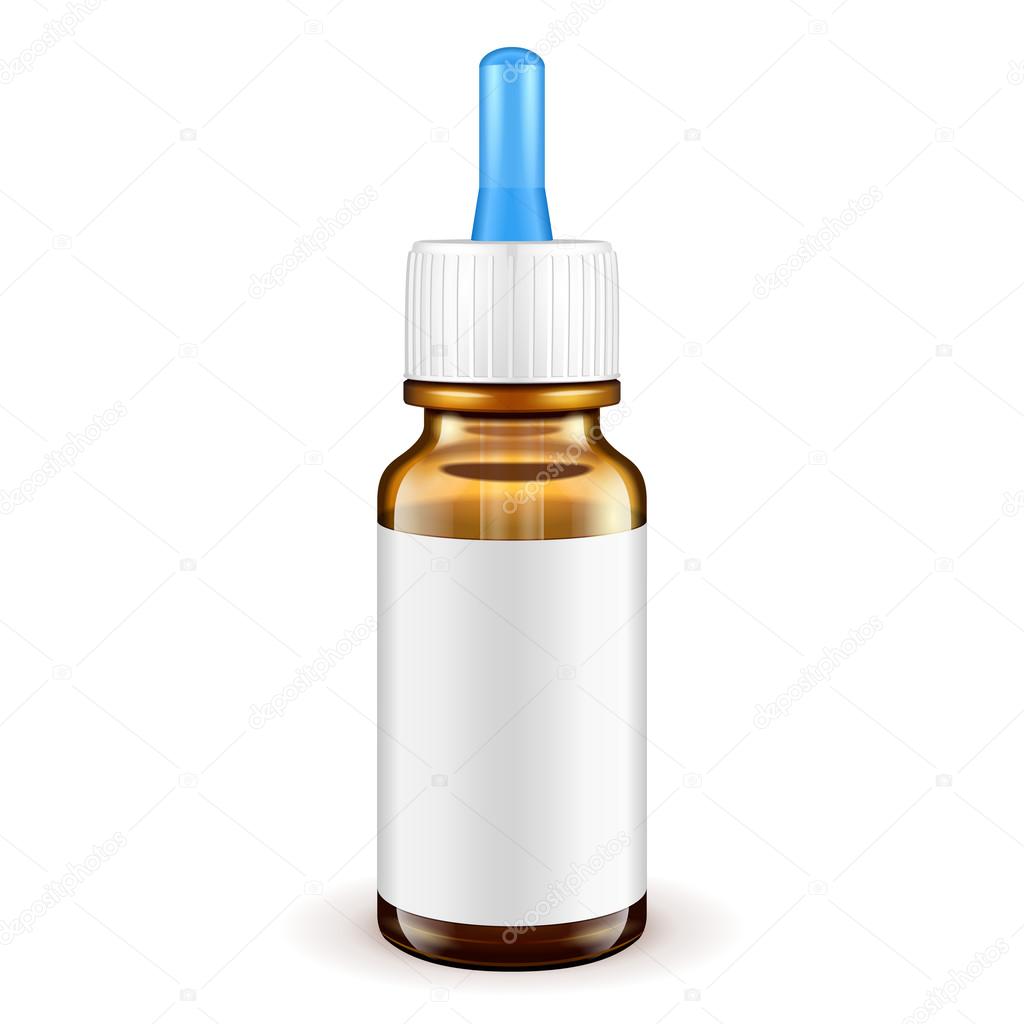 Medical Glass Brown Bottle With White Label. Medicine Dropper, Pipette