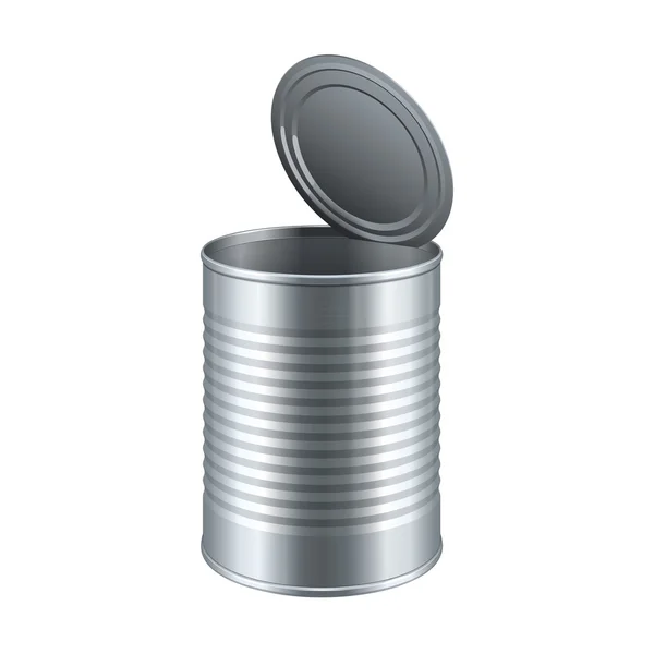 Lata de lata de metal com nervuras de lata aberta, comida enlatada. Pronto para o seu design. Vetor de embalagem de produto EPS10 — Vetor de Stock