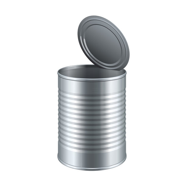 Opened Tincan Ribbed Metal Tin Can, Canned Food. Ready For Your Design. Product Packing Vector EPS10