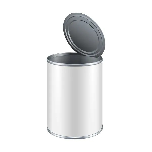 Branco aberto lata de lata de lata de metal lata em branco, comida enlatada — Vetor de Stock