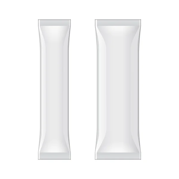 Два белых пустой фольги упаковки кофе, соль, перец или специи пачка пластиковый пакет готов для вашего дизайна. Вектор упаковки закусок EPS10 — стоковый вектор