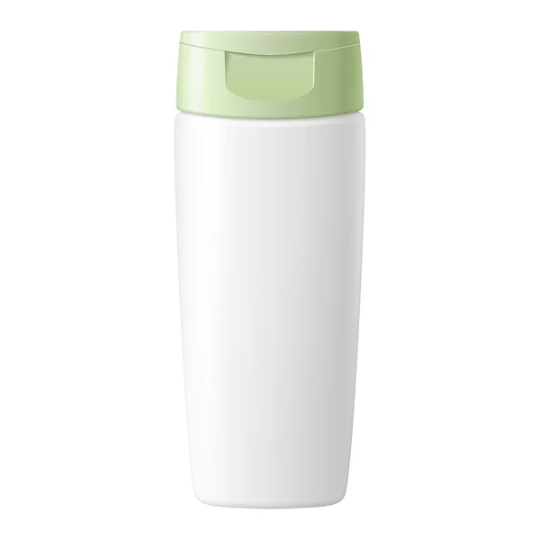 Σαμπουάν, τζελ ή λοσιόν λευκό πλαστικό μπουκάλι με πράσινο καπάκι — Διανυσματικό Αρχείο