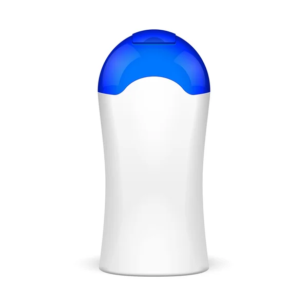 シャンプー、ゲルまたはローション青いふた付きの白いプラスチック製のボトル — ストックベクタ