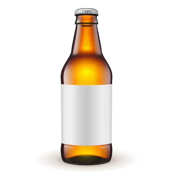 Short Glass Beer Brown Bottle With Label On White Background — Stock Vector