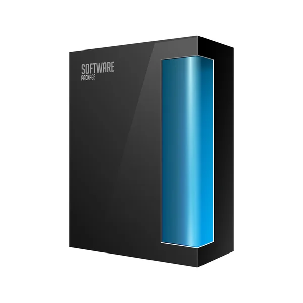 Scatola moderna nera del pacchetto del software con la finestra blu per DVD o il disc EPS10 del CD — Vettoriale Stock