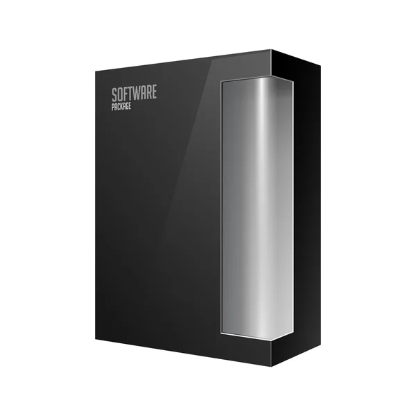 Caja de paquete de productos de software moderno negro con ventana gris — Vector de stock
