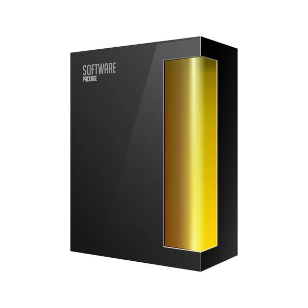 Caja de paquete de productos de software moderno negro con ventana naranja amarilla — Vector de stock