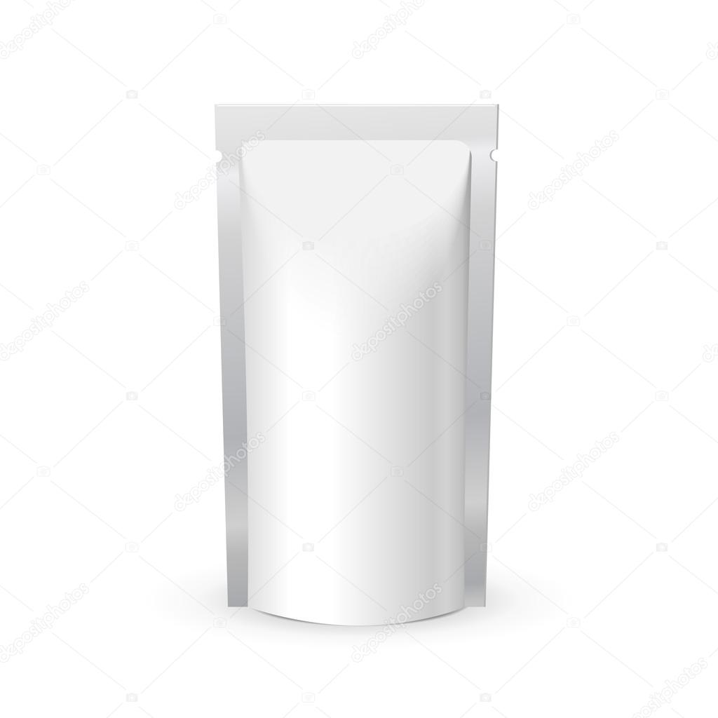 White Blank Foil Food Or Drink Bag Packaging. Plastic Pack Template Ready For Your Design. Vector EPS10