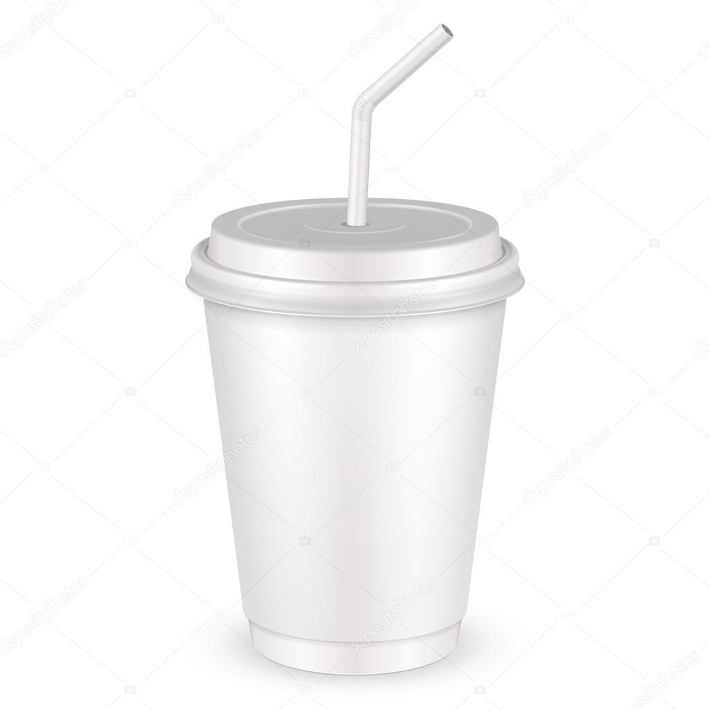 White Disposable Paper Cup With Lid And Straw