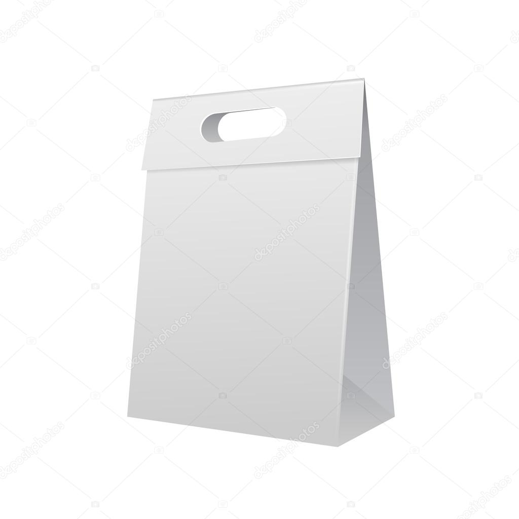 Paper Bag Package Folded, Close, Grayscale With Handle. Ready For Your Design. Snack Product Packing Vector EPS10