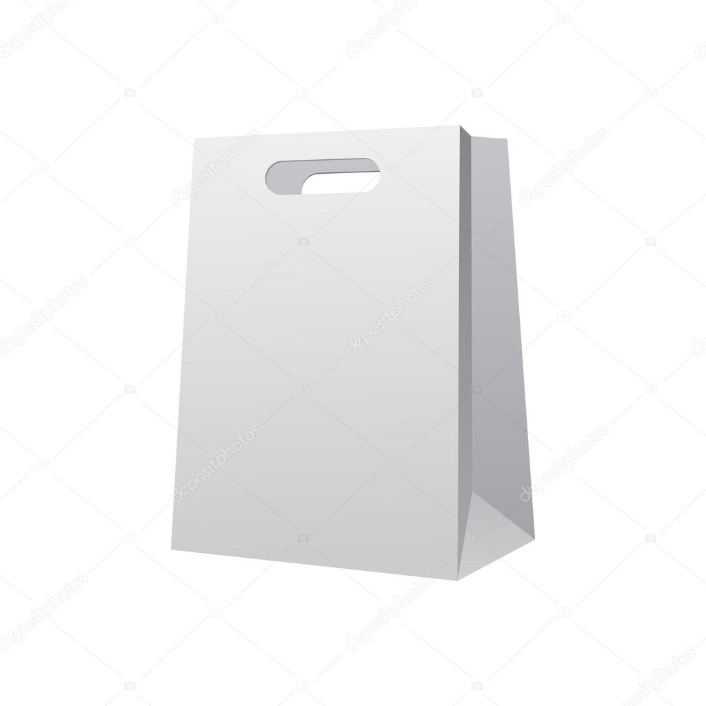 Carrier Paper Shopping Bag White Empty. Blank On White Background Isolated. Ready For Your Design. Product Packing Vector EPS10