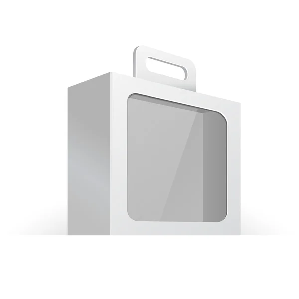 Caixa ou caixa branca plástica do pacote em branco com punho e janela arredondada — Vetor de Stock
