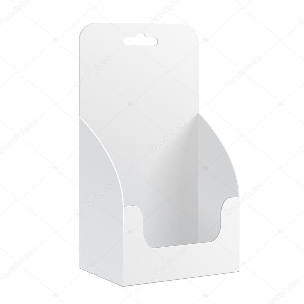 White POS POI Cardboard Blank Empty Show Box Holder For Advertising Fliers, Leaflets Or Products, Hang Slot On White Background Isolated