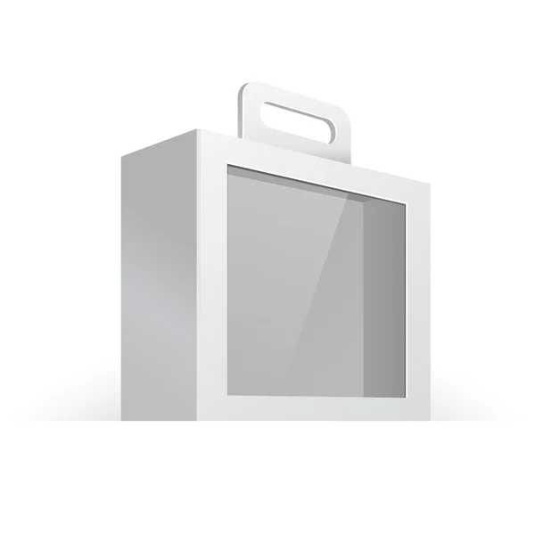 Boîte d'emballage blanche blanche en carton ou en plastique avec poignée et fenêtre — Image vectorielle