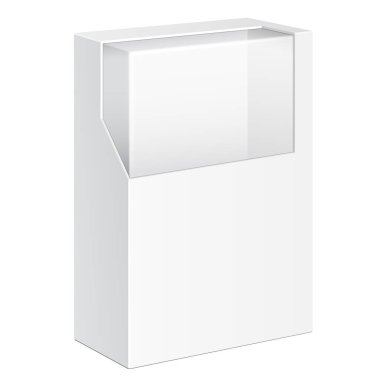 Mockup Ürün Karton Plastik Paket Kutusu Pencereli. Beyaz arka planda izole edilmiş bir resim. Tasarımınız için şablonu hazırlayın. Vektör EPS10