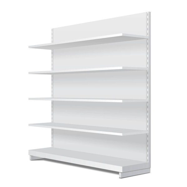Mockup Long Blank Empty Showcase Display With Retail Shelves. Perspective View 3D. Illustration Isolated On White Background. Mock Up Template Ready For Your Design. Product Advertising. Vector EPS10