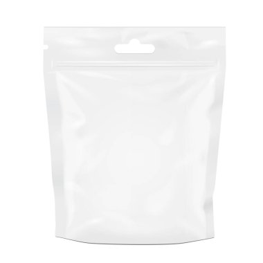 Mockup White Blank Foil Food Doy Pack Stand Up Poşet Paketi. Fermuarlı. Beyaz arka planda izole edilmiş bir resim. Model Model Şablonu Tasarımınıza Hazır. Vektör EPS10