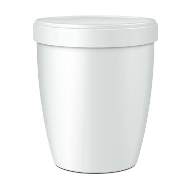 Mockup Cup Küvet Yiyecek Plastik Kutusu Tatlı, Yoğurt, Dondurma, Ekşi Krema veya Atıştırmalık. Beyaz arka planda izole edilmiş bir resim. Tasarımınız için şablonu hazırlayın. Vektör EPS10