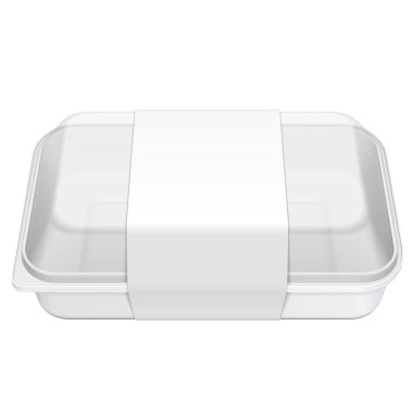 Mockup Boş Boş Stil Köpük Plastik Yemek Tepsisi Kutusu Lid, cover, Lable. Beyaz arka planda izole edilmiş bir resim. Tasarımınız için şablonu hazırlayın. Vektör EPS10