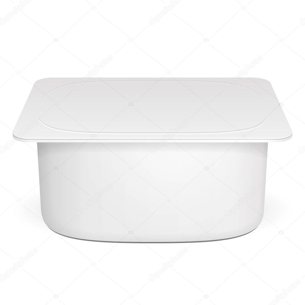 Mockup Closed Cup Tub Food Plastic Container For Dessert, Yogurt, Ice Cream, Sour cream Or Snack. Illustration Isolated On White Background. Mock Up Template Ready For Your Design. Vector EPS10