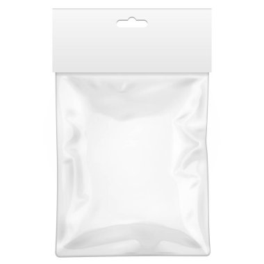 Mockup White Blank Plastik Pocket Pocket Bag ve Shadow. Şeffaf. Hang Slot ile. Beyaz arka planda izole edilmiş bir resim. Tasarımınız için şablonu hazırlayın. Vektör EPS10