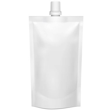 Mockup White Blank Doy Pack, Doypack Foil Food ya da Corner Spout Lid 'li Poşet İçme. Beyaz arka planda izole edilmiş bir resim. Şablonu Düzenle.