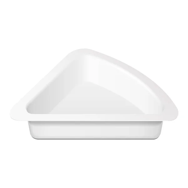 Triângulo Mockup vazio em branco queijo, caixa de recipiente de bandeja de alimentos de plástico coalhada aberta, capa. Ilustração Isolado em fundo branco. Modelo Mock Up pronto para o seu projeto. Vetor EPS10 —  Vetores de Stock