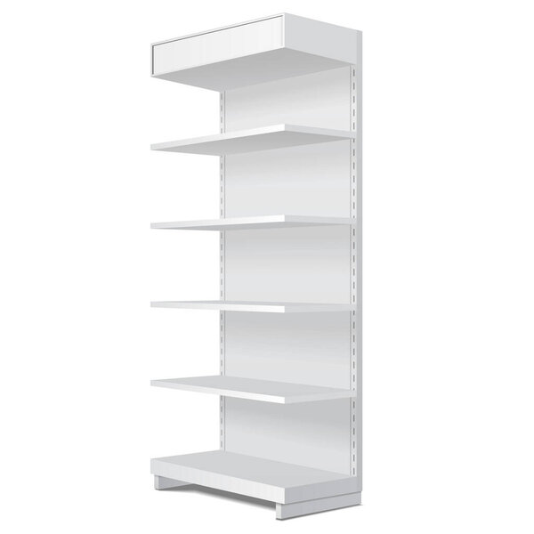 Макет пустой витрины с полками магазинов. Перспективный вид 3D. Иллюстрация изолирована на белом фоне. Составьте шаблон Ready для вашего дизайна. Вектор упаковки продукта EPS10