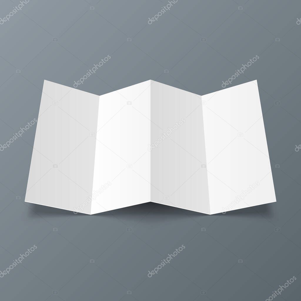Mockup Blank Four Folded Fold Paper Leaflet, Flyer, Broadsheet, Flier, Follicle, Leaf A4 With Shadows. On Gray Background Isolated. Mock Up Template Design. Vector EPS10